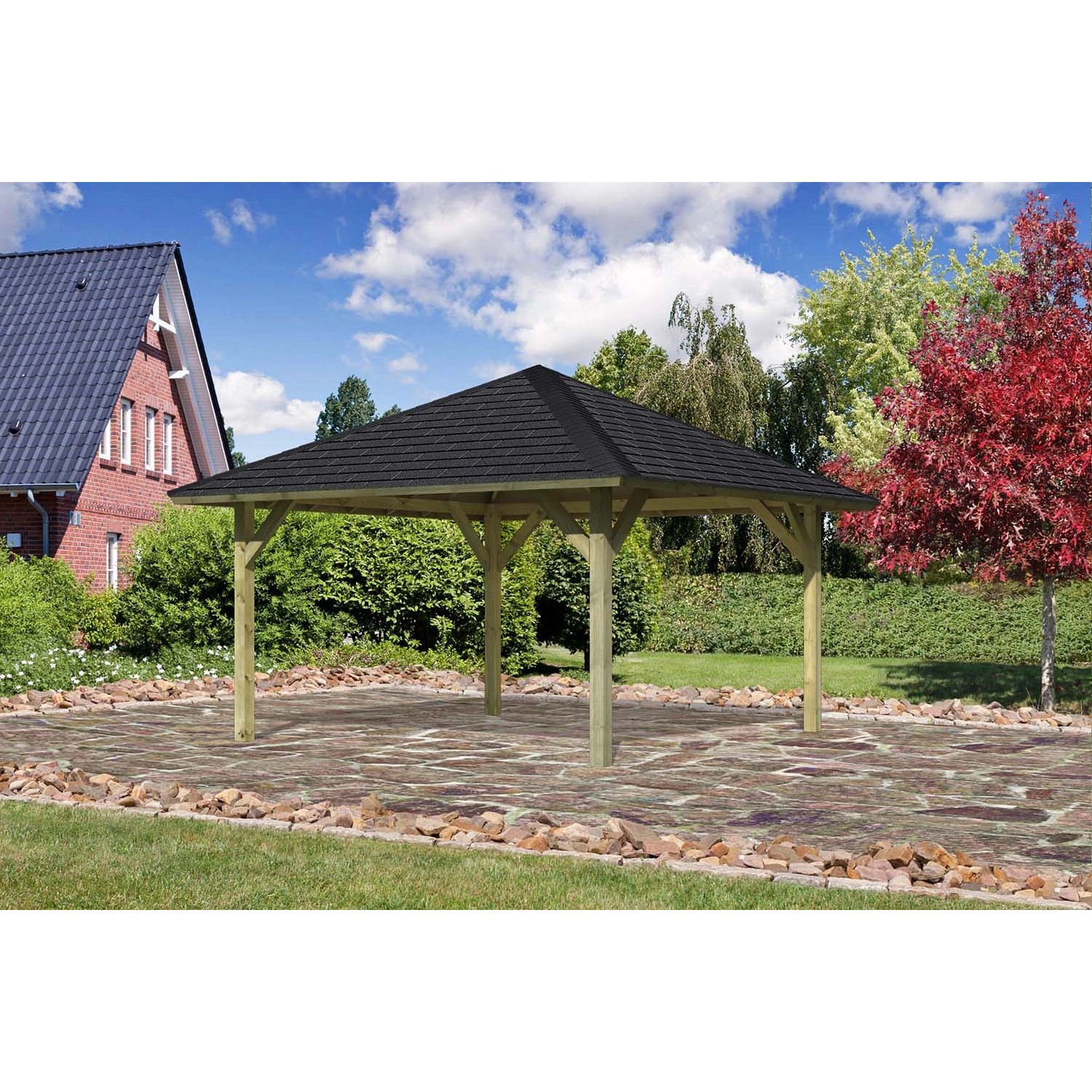 Karibu Pavillon Hedemark 1 Set kdi mit Schindeln Schwarz 359 cm x 359 cm x315 cm von Karibu