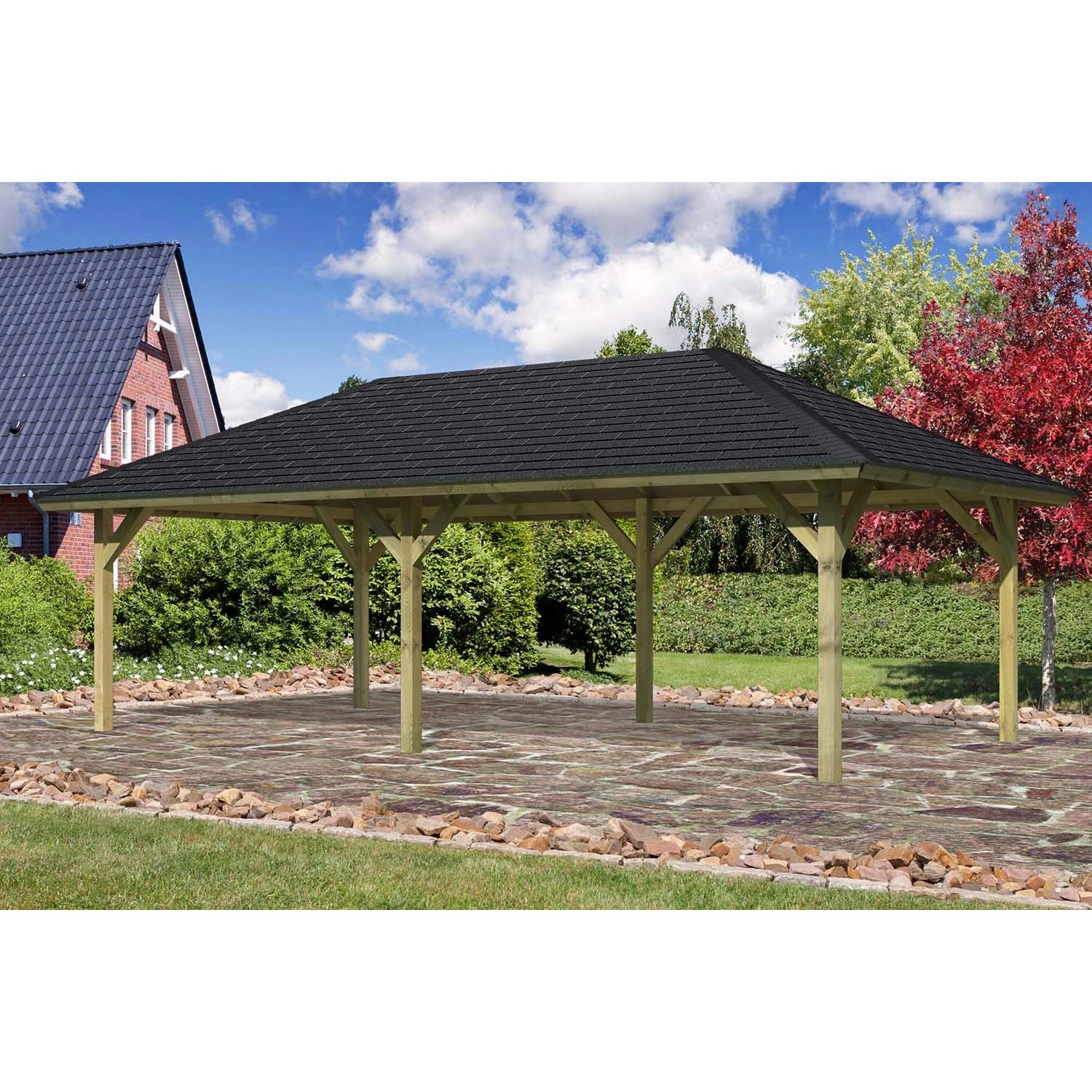 Karibu Pavillon Hedemark 2 Set kdi mit Schindeln Schwarz 359 cm x 706 cm x315 cm von Karibu