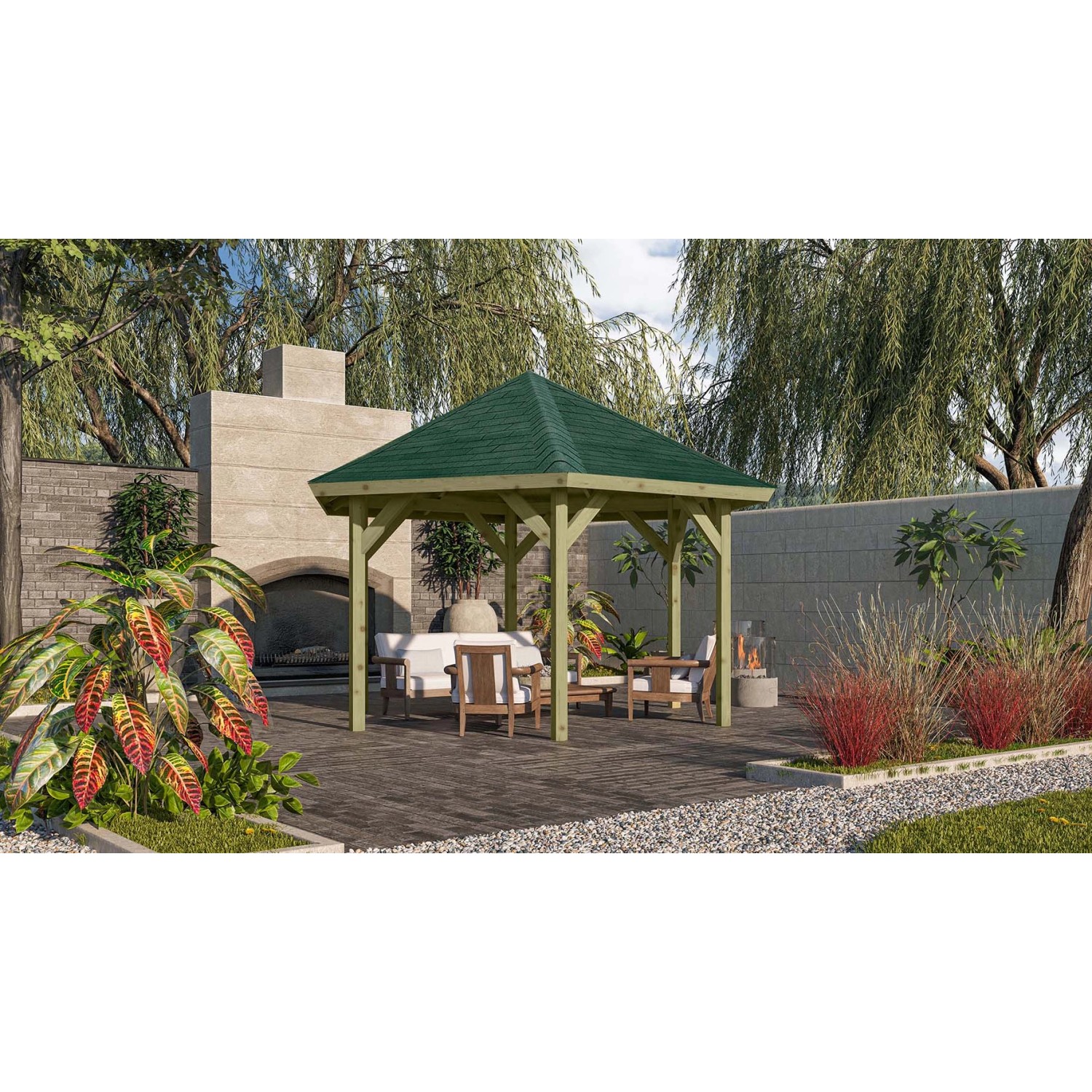 Karibu Pavillon Akerhus Set kdi mit Schindeln Grün 370 cm x 324 cm x 315 cm von Karibu