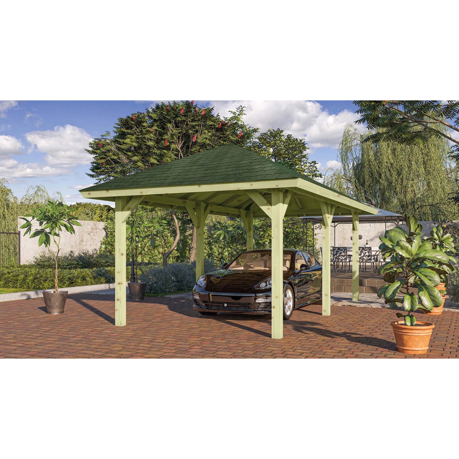 Karibu Pavillon Varberg 2 Set kdi mit Schindeln Grün 517,5 cm x 264,5 cm x290 cm von Karibu