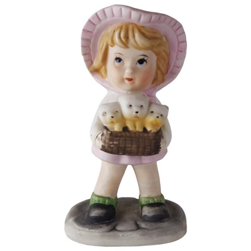 Porzellan Figur Mädchen mit einem Korb Welpen H 11,3 cm