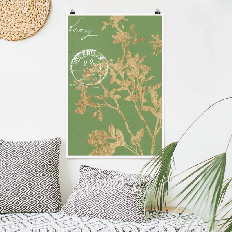 Poster Blumen Goldene Blätter auf Lind II