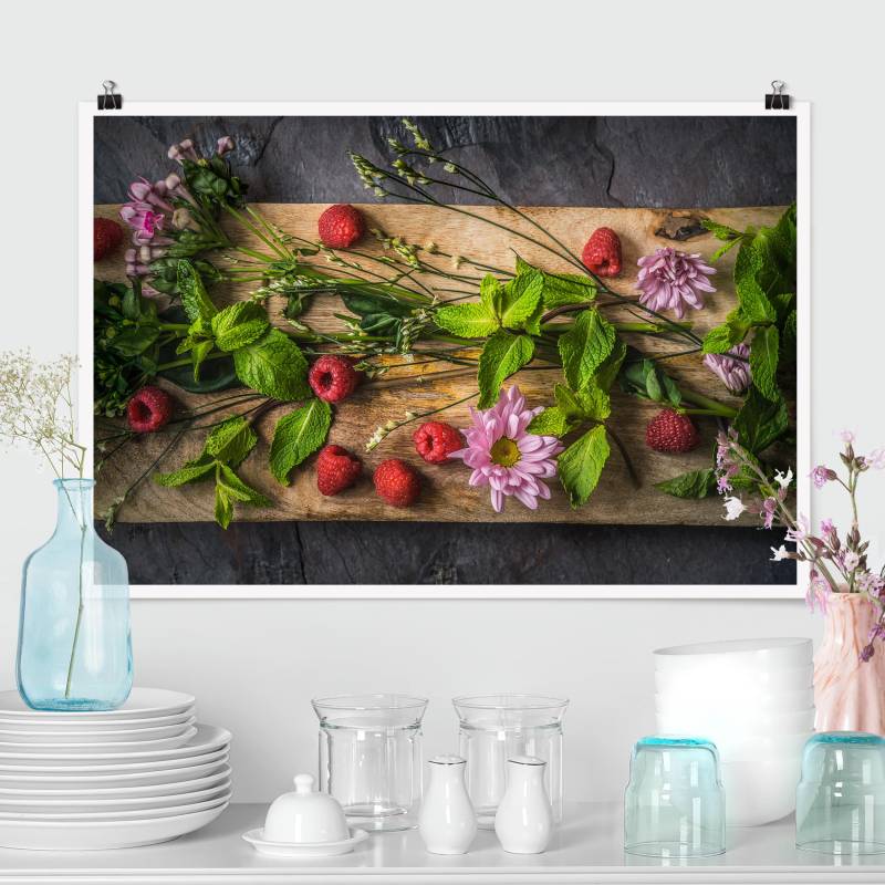 Poster Blumen Himbeeren Minze