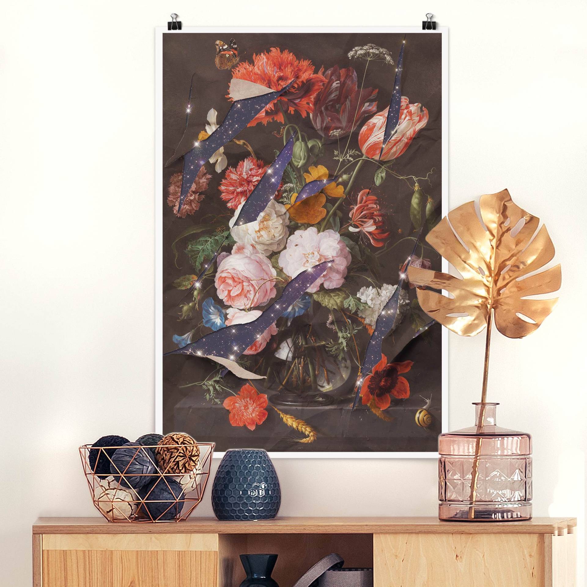 Poster Blumen mit Galaxie