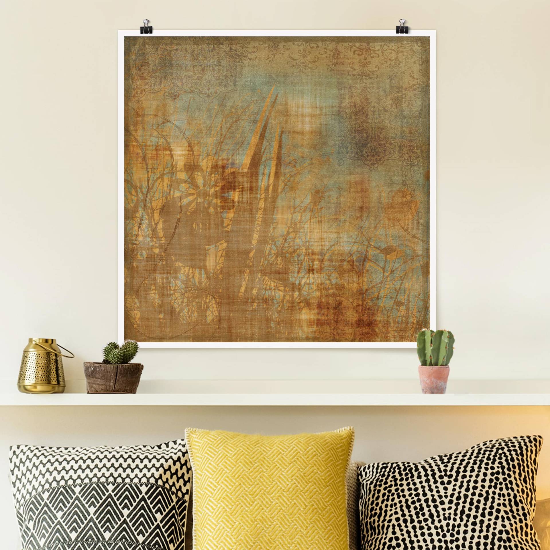 Poster Blumen unter Ornamentstruktur