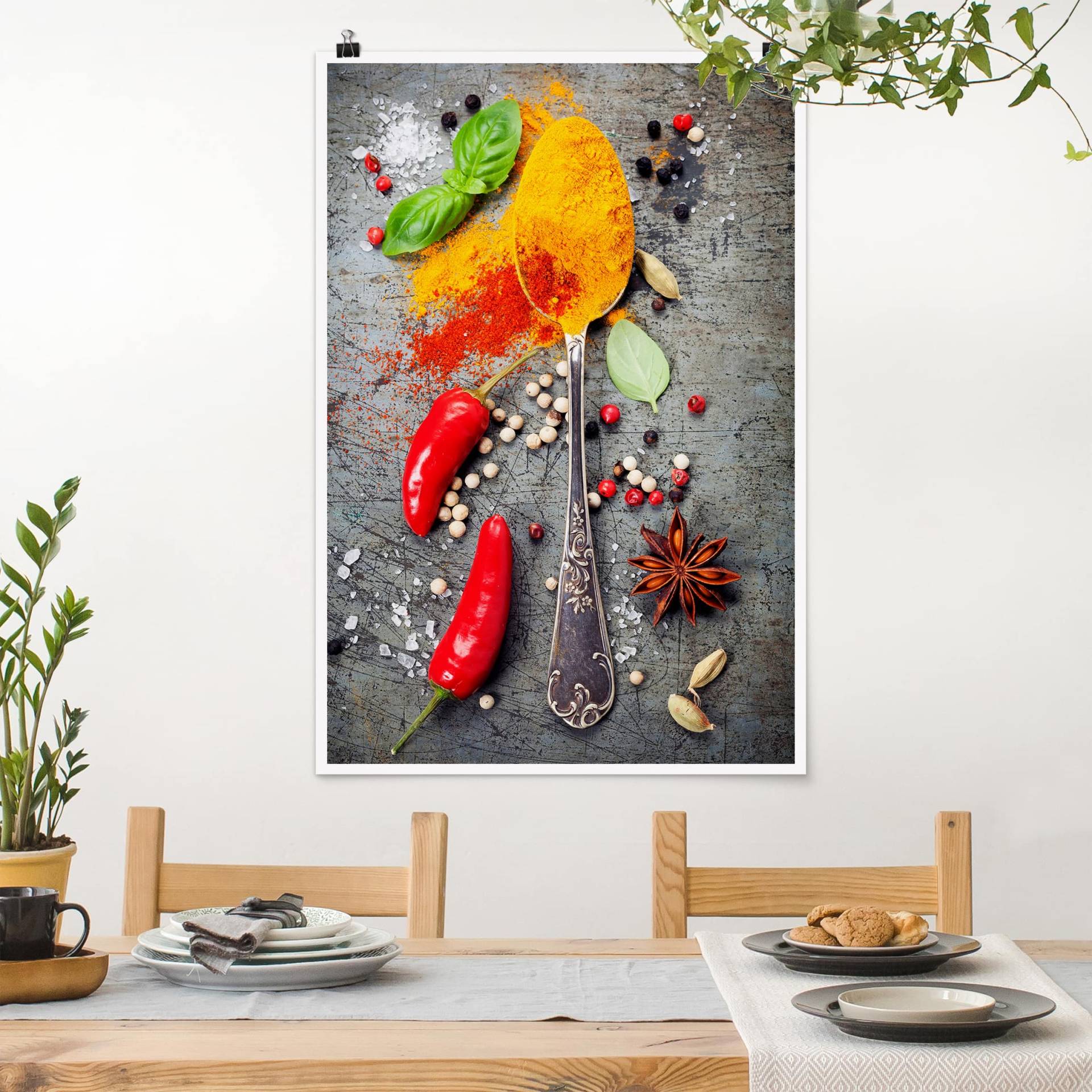 Poster Küche Löffel mit Gewürzen