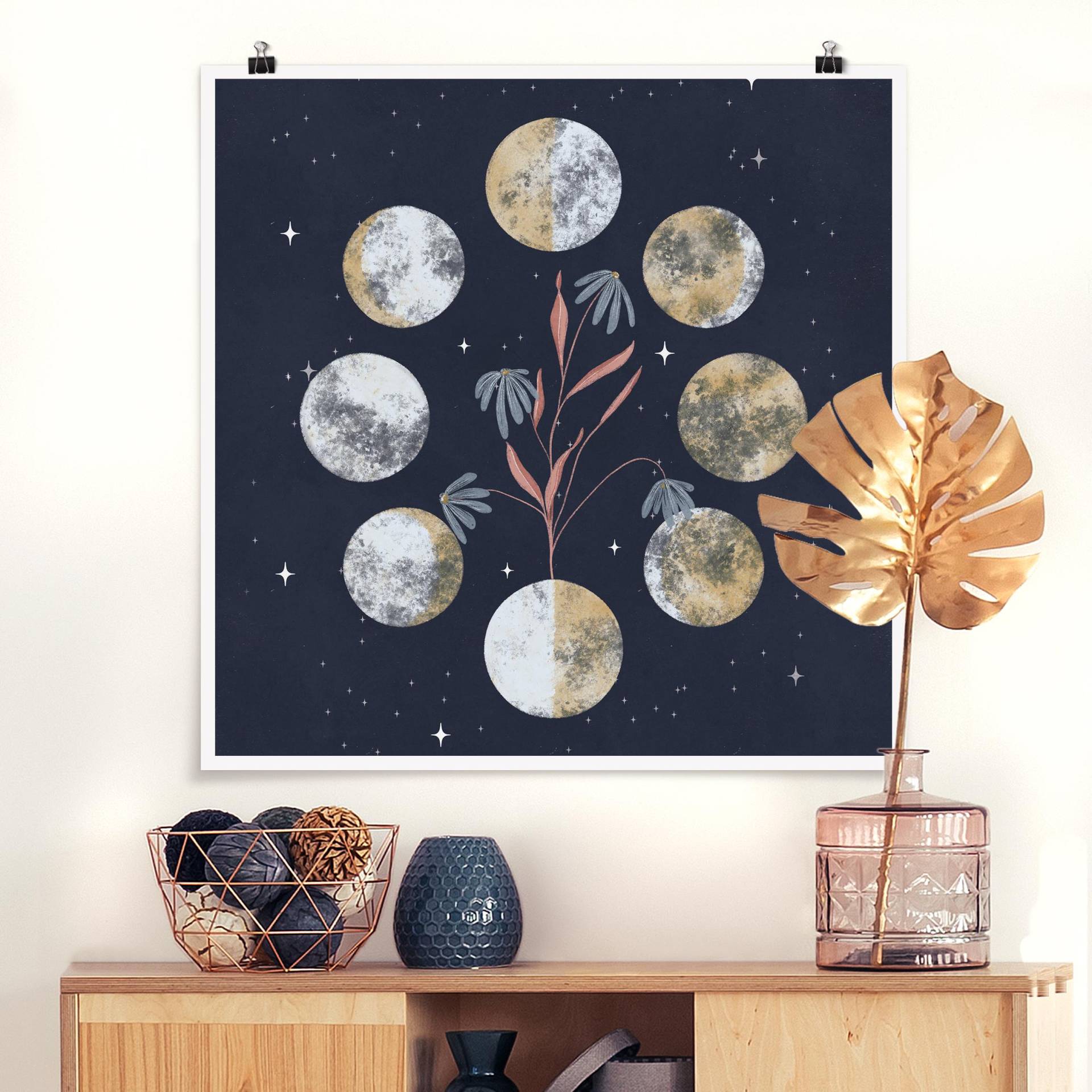 Poster Mondphasen und Margeriten Poster Mondphasen und Margeriten