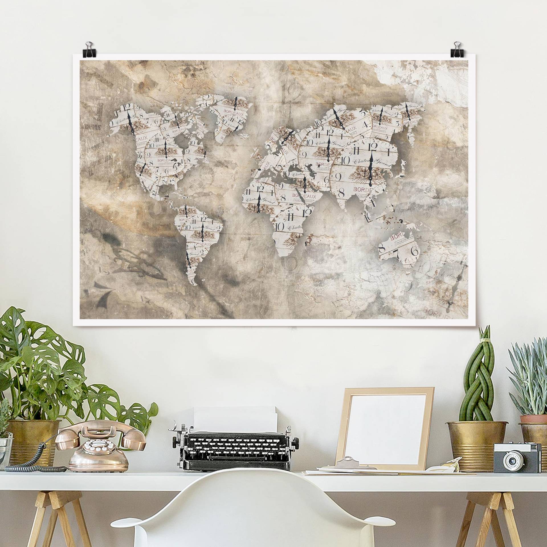 Poster Shabby Uhren Weltkarte