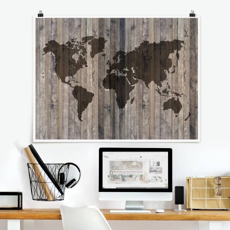 Poster - Querformat Holz Weltkarte