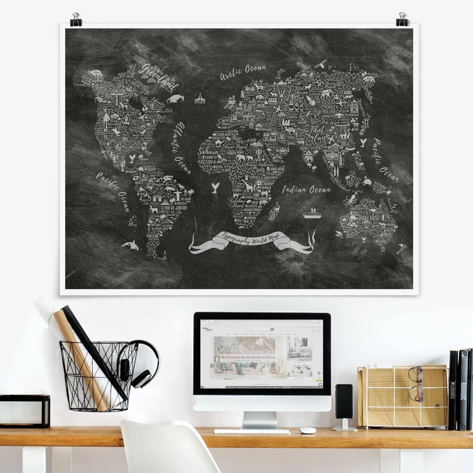 Poster Stadt-, Land- & Weltkarten - Querformat Kreide Typografie Weltkarte