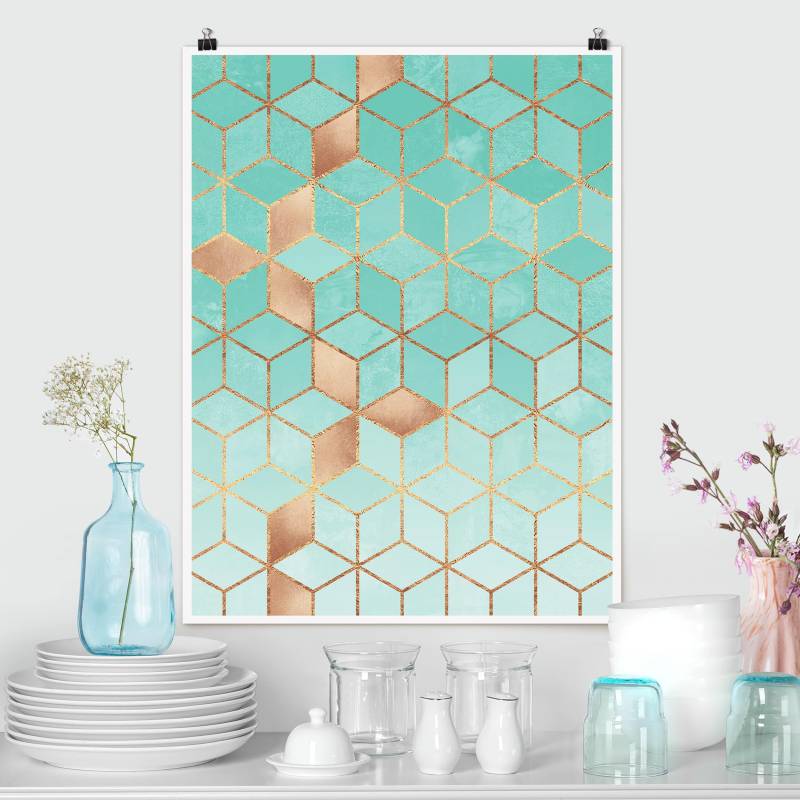 Poster Türkis Weiß goldene Geometrie