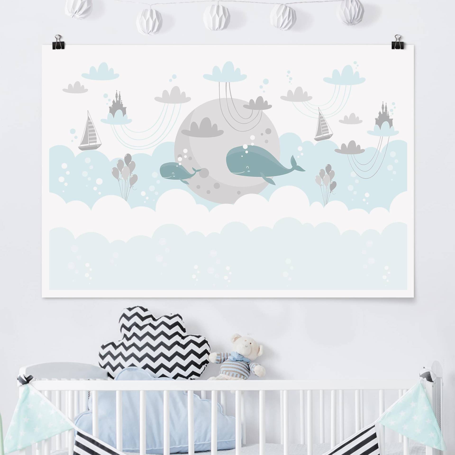 Poster Wolken mit Wal und Schloss