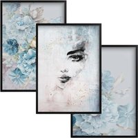 Poster fürs Wohnzimmer Schlafzimmer Bilder im schwarzen Rahmen Set Blaue Blumen Poster fürs Wohnzimmer Schlafzimmer Bilder im schwarzen Rahmen Set Blaue Blumen