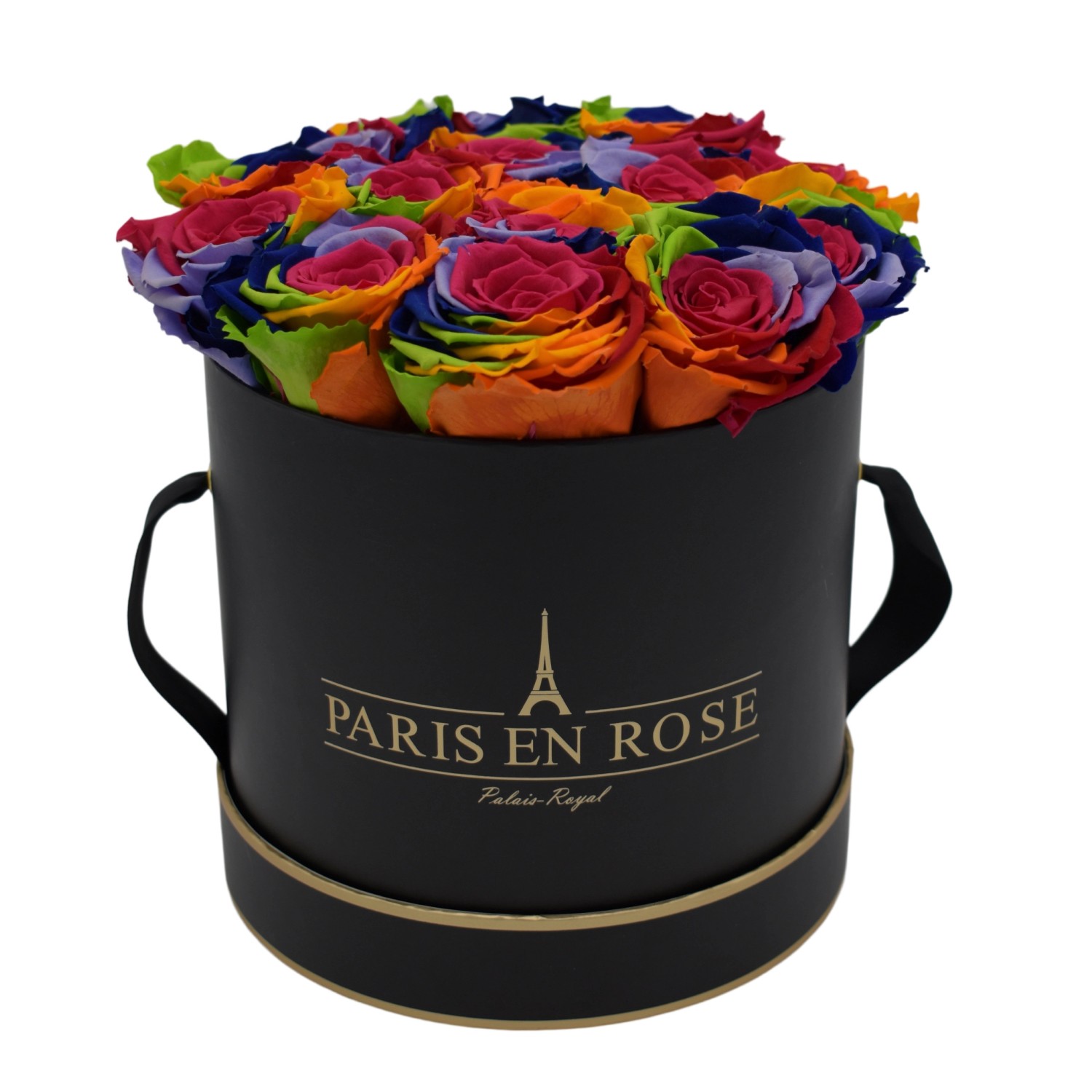 Rosenbox Ø 19 cm Schwarz-Gold mit 14 Rainbow Rosen Rosenbox Ø 19 cm Schwarz-Gold mit 14 Rainbow Rosen