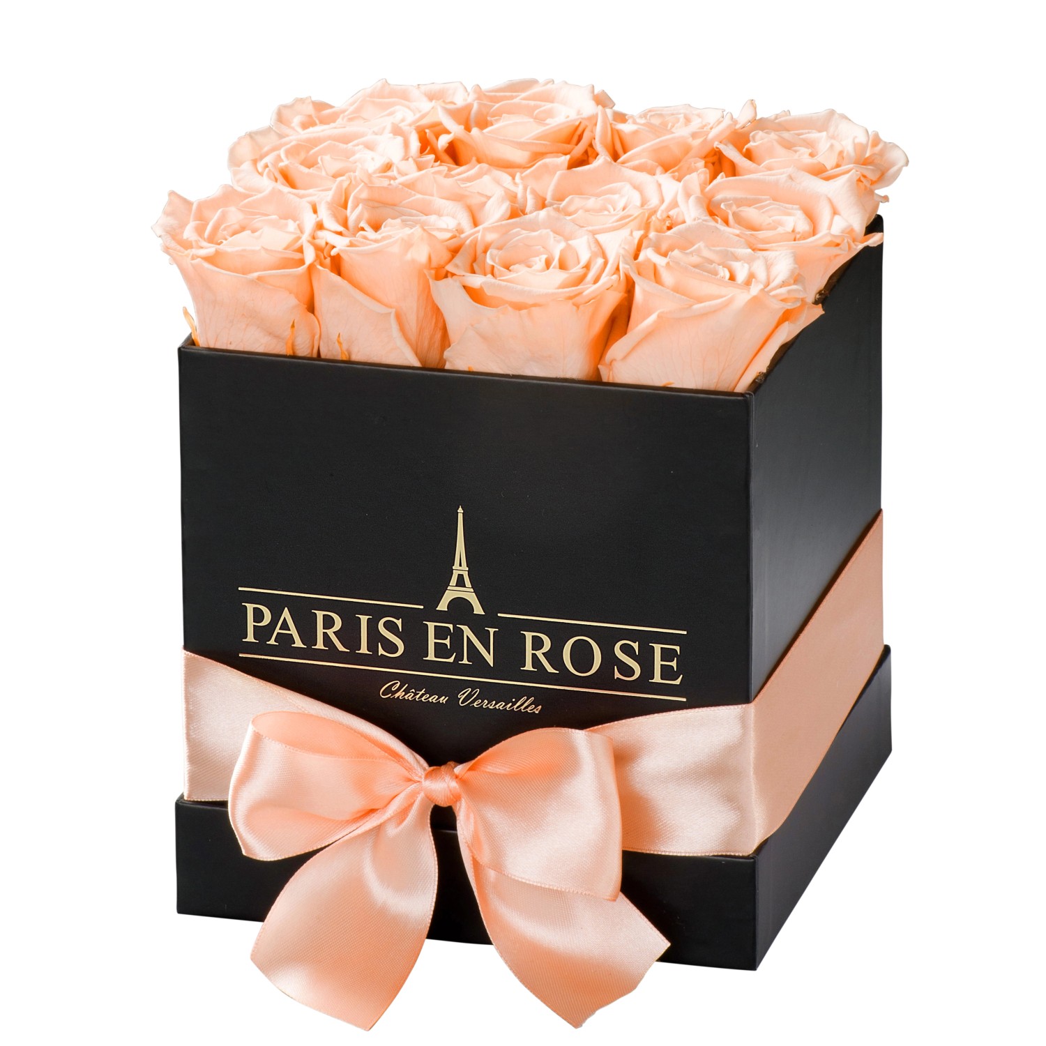 Rosenbox eckig Schwarz mit Schleife und 12 Apricot Rosen