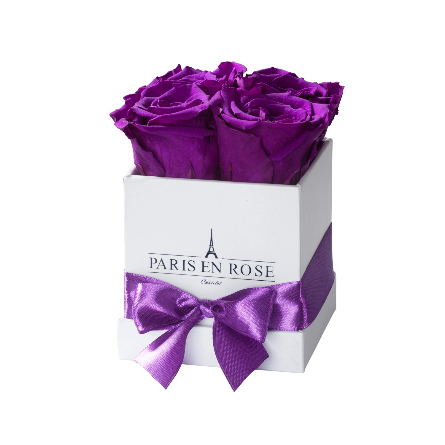 Rosenbox eckig Weiß mit Schleife und 4 Violetten Rosen