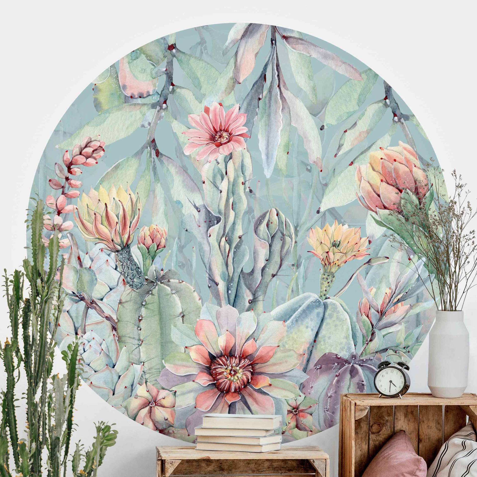 Runde Fototapete selbstklebend Aquarell Blühende Kakteen Bouquet