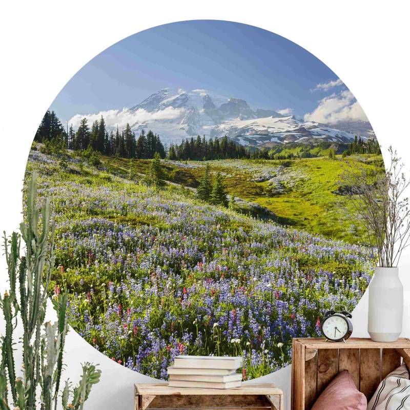 Runde Fototapete selbstklebend Bergwiese mit roten Blumen vor Mt. Rainier