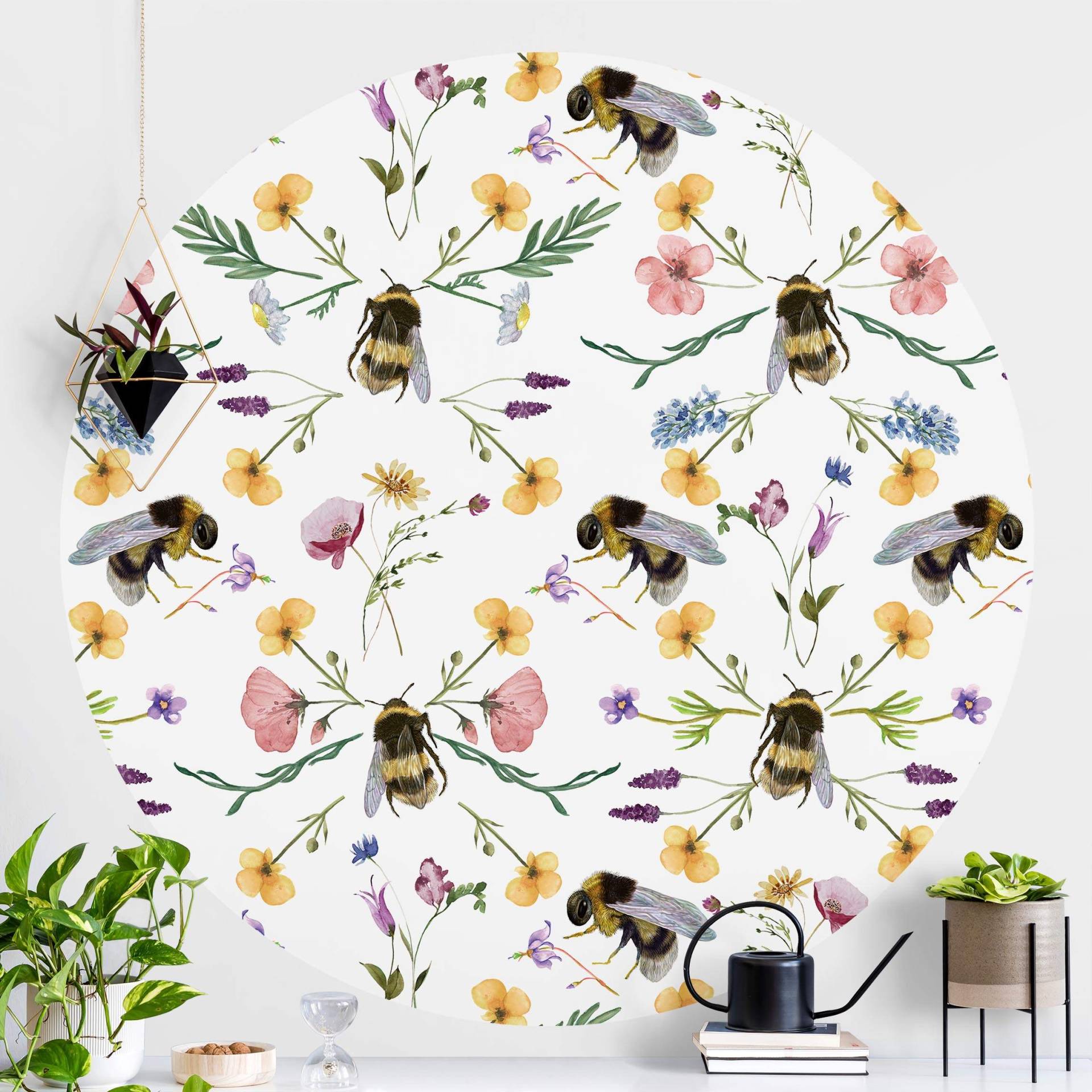 Runde Mustertapete selbstklebend Bienen mit Blumen