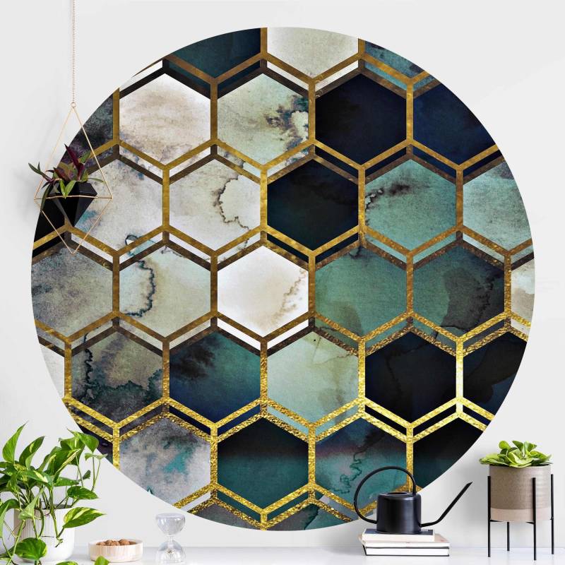 Runde Mustertapete Hexagonträume Aquarell mit Gold