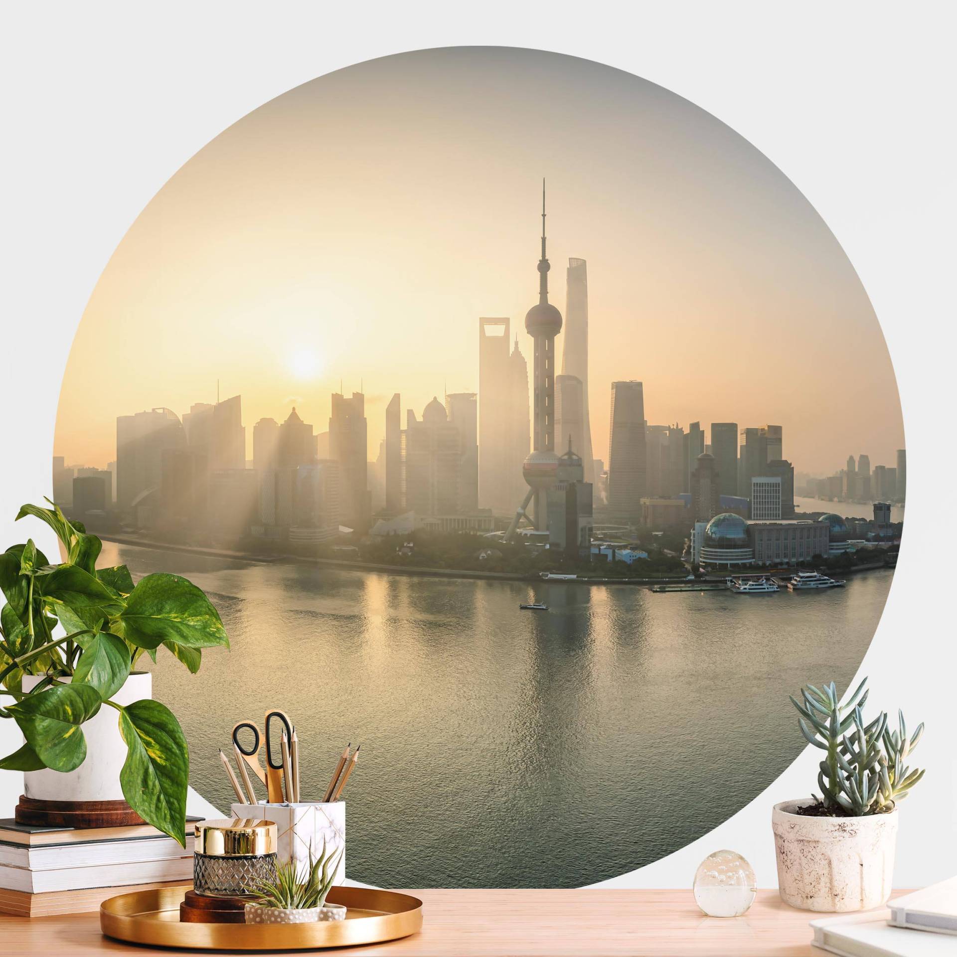 Runde Fototapete Pudong bei Sonnenaufgang