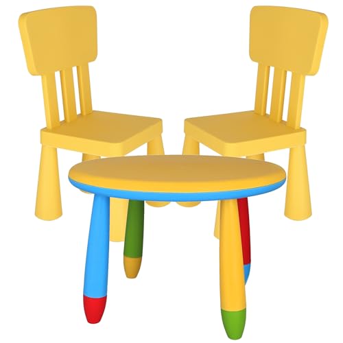 Runder Kindertisch, gelb, Ø 70 x H 48 cm und 2 x Kinderstuhl gelb aus robustem und strapazierfähigem Kunststoff, L 38 cm x T 35 cm x H 67 cm