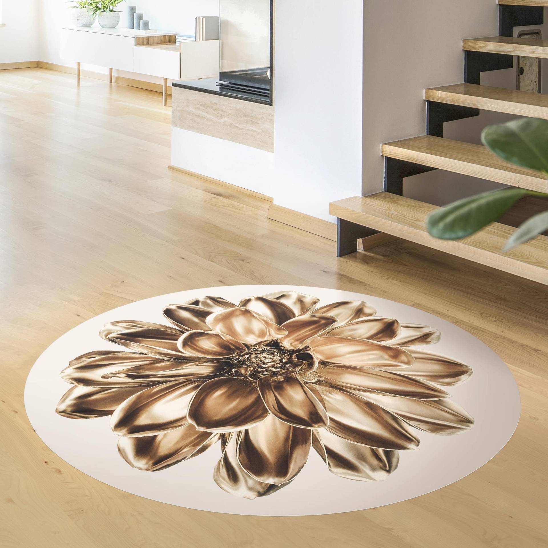 Runder Vinyl-Teppich Dahlie Blume Gold Metallic