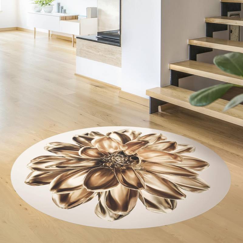 Runder Vinyl-Teppich Dahlie Blume Gold Metallic