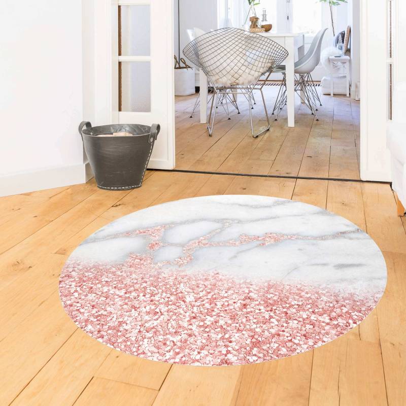 Runder Vinyl-Teppich Marmoroptik mit Rosa Konfetti