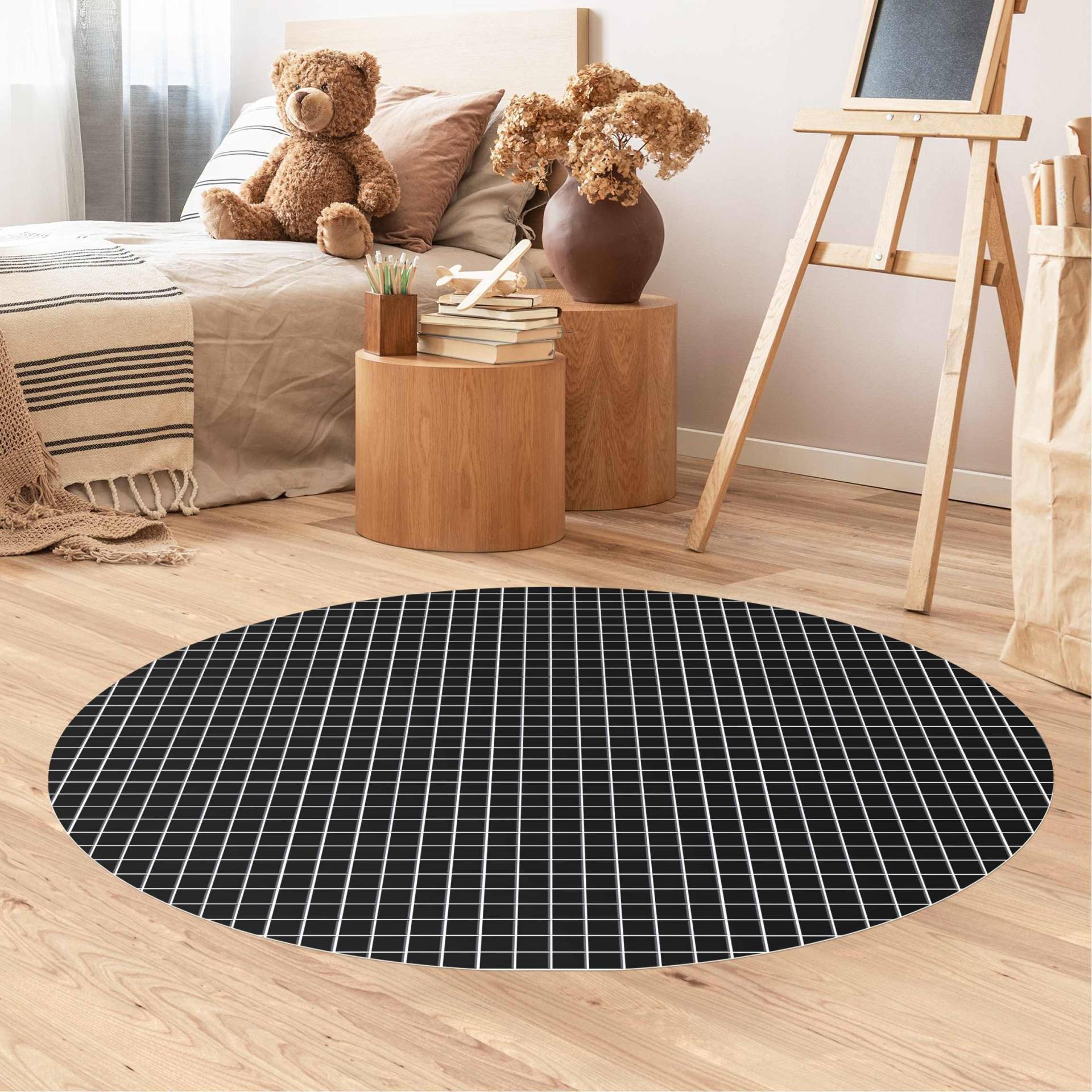 Runder Vinyl-Teppich Mosaikfliesen Schwarz Matt