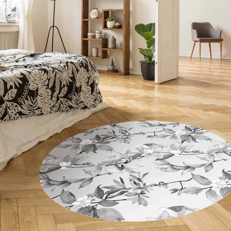 Runder Vinyl-Teppich Romantisches Blütenaquarell Natur Grau