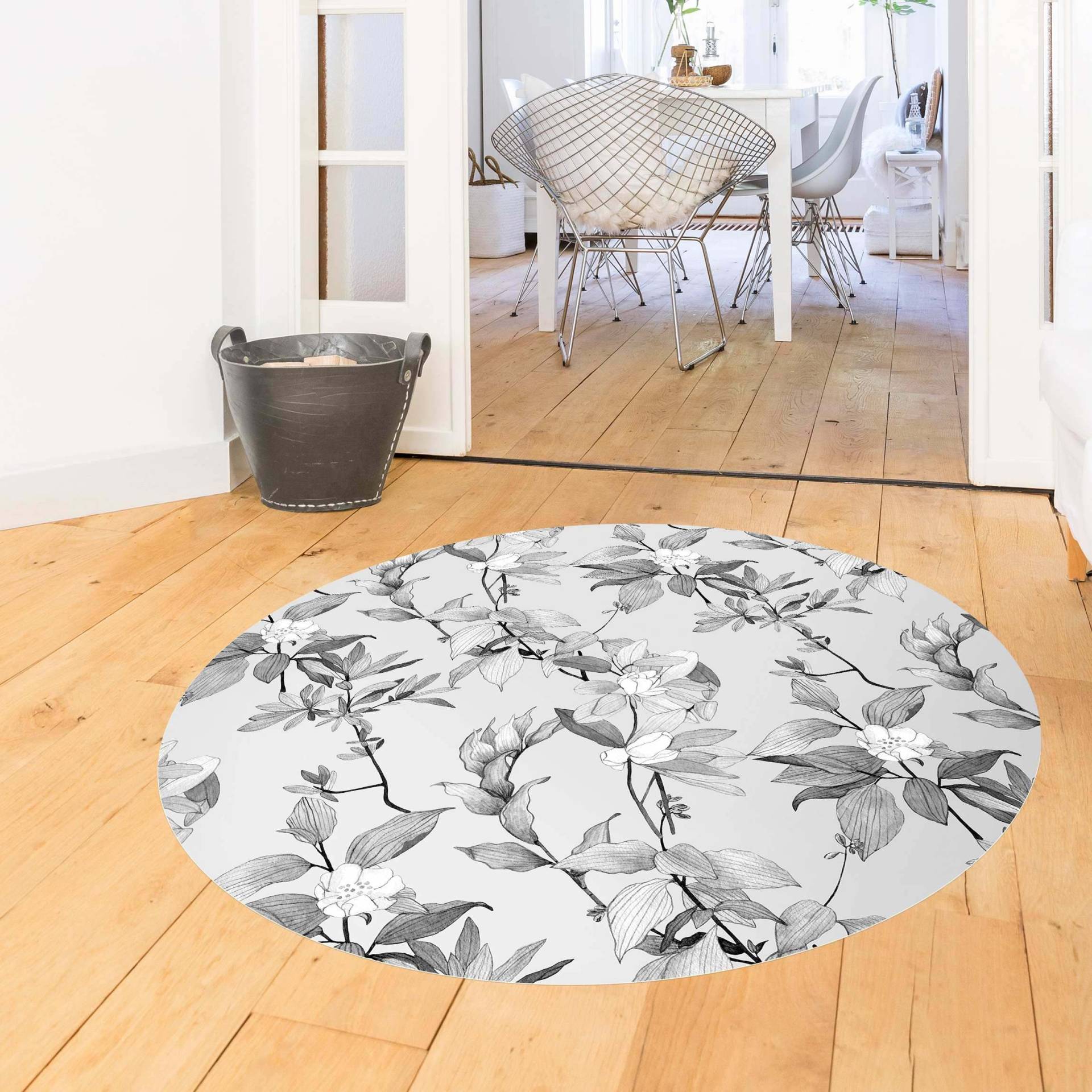Runder Vinyl-Teppich Romantisches Blütenaquarell Natur Grau