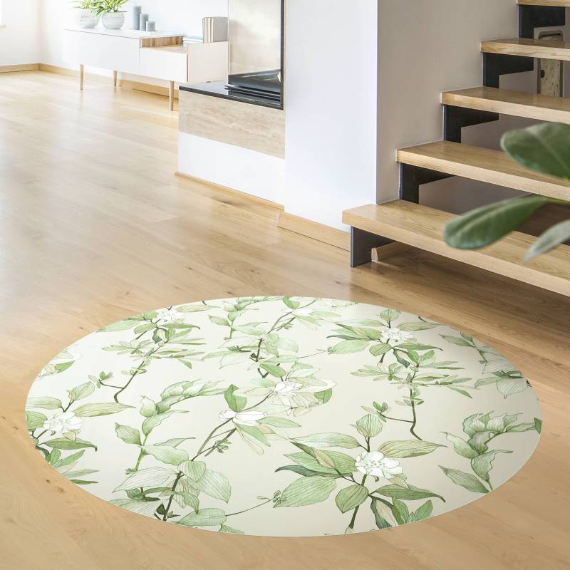 Runder Vinyl-Teppich Romantisches Blütenaquarell Natur Grün