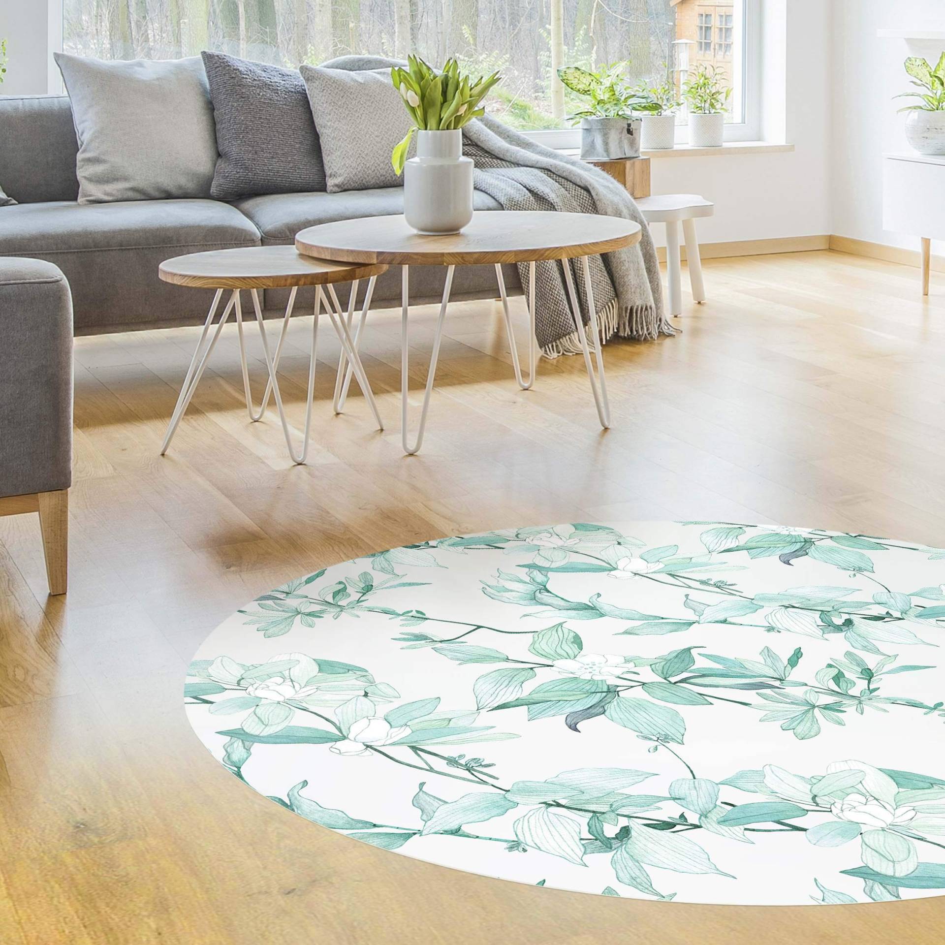 Runder Vinyl-Teppich Romantisches Blütenaquarell Natur Mint