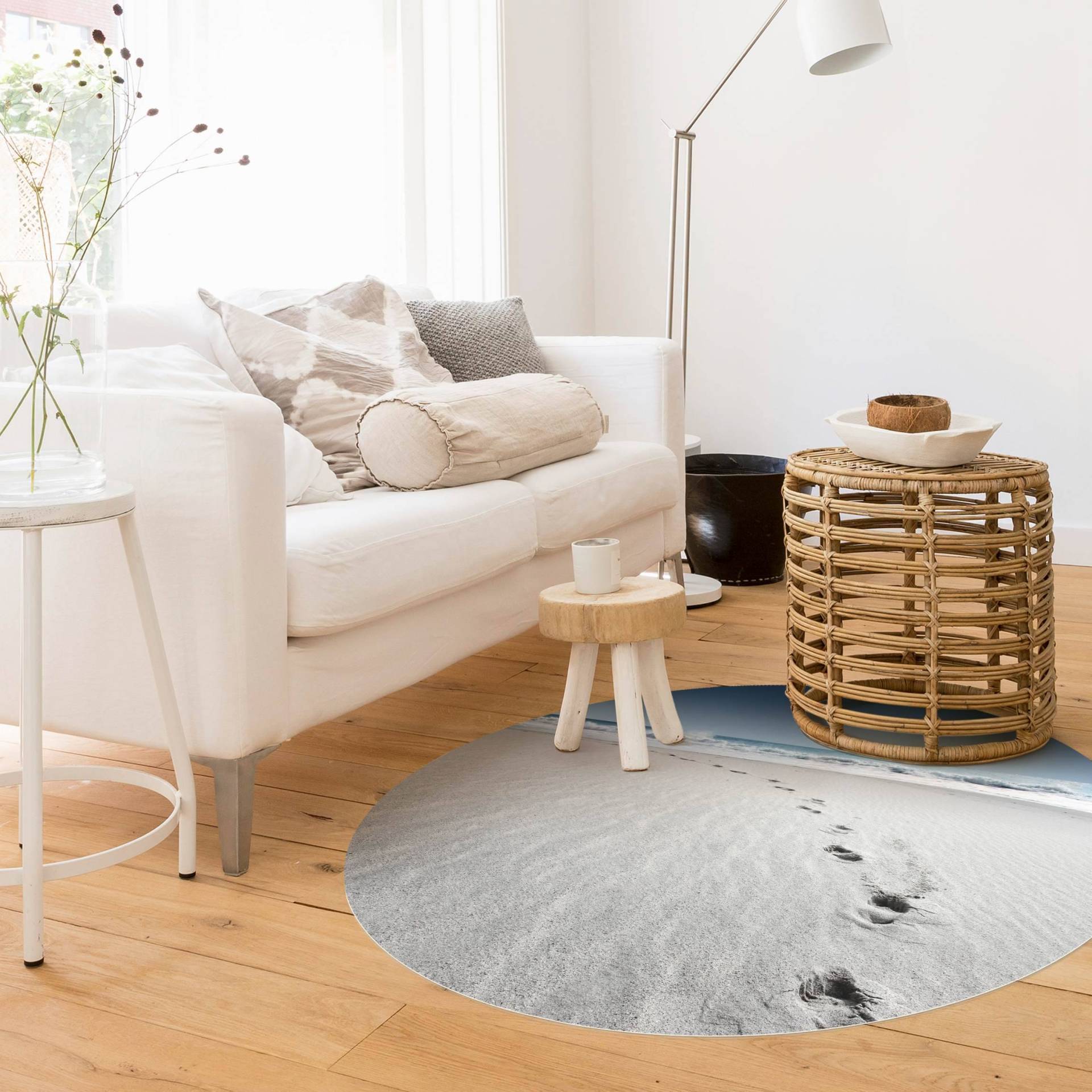 Runder Vinyl-Teppich Spuren im Sand
