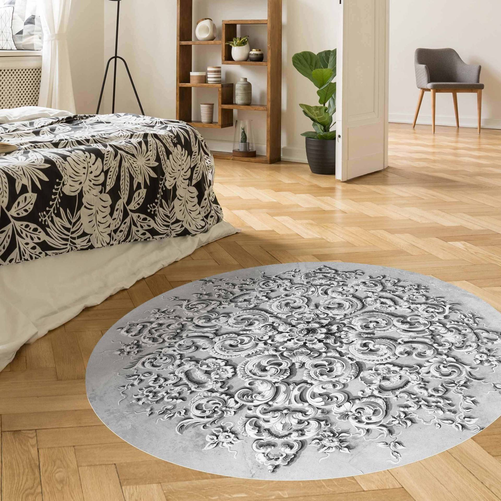 Runder Vinyl-Teppich Viktorianische Ornamentik mit Patina in Schwarz-Weiß Runder Vinyl-Teppich Viktorianische Ornamentik mit Patina in Schwarz-Weiß