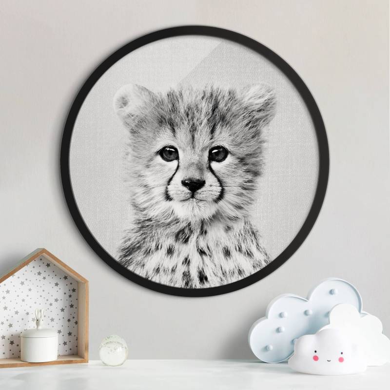 Rundes Bild mit Rahmen Baby Gepard Gino Schwarz Weiß