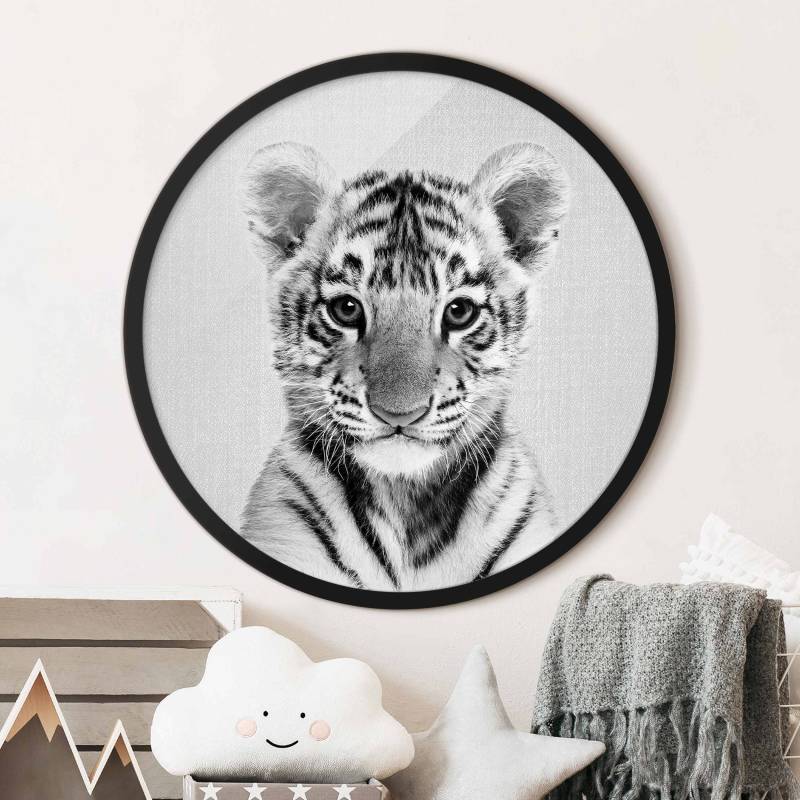 Rundes Bild mit Rahmen Baby Tiger Thor Schwarz Weiß
