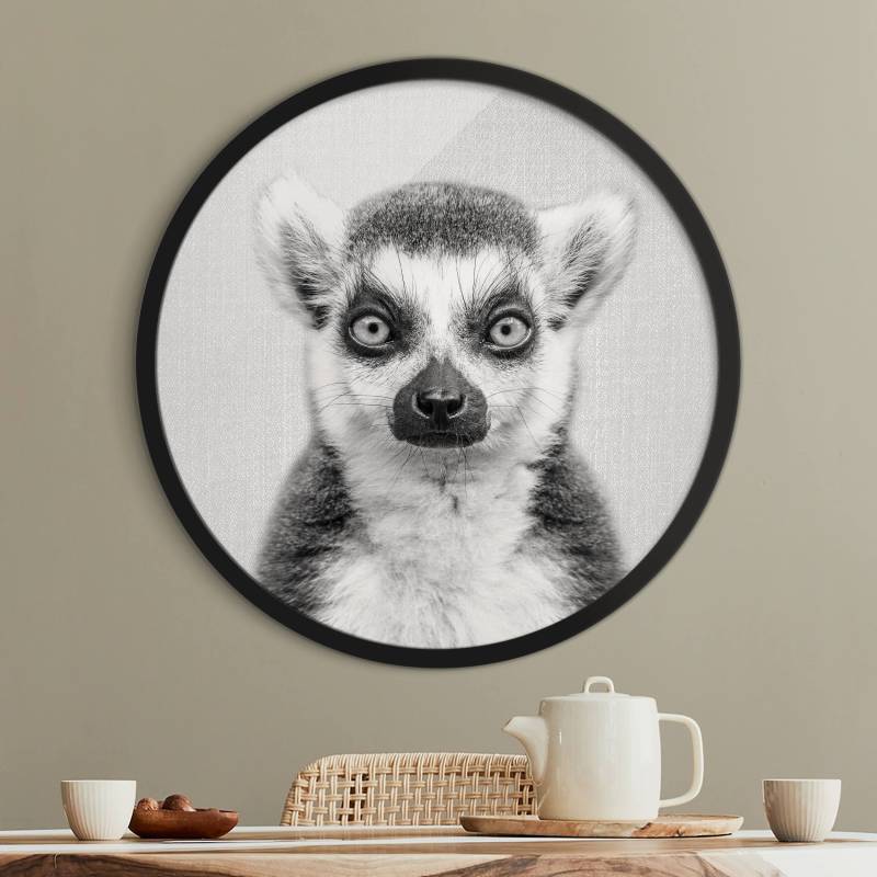Rundes Gerahmtes Bild Lemur Ludwig Schwarz Weiß