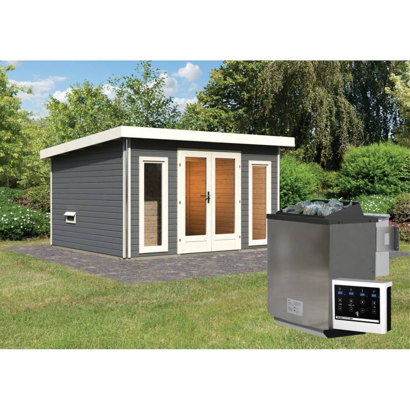 Saunahaus Magnus 2-Set A Terragrau inkl. Ofen 9 kW Bio ext. Strg. von Karibu