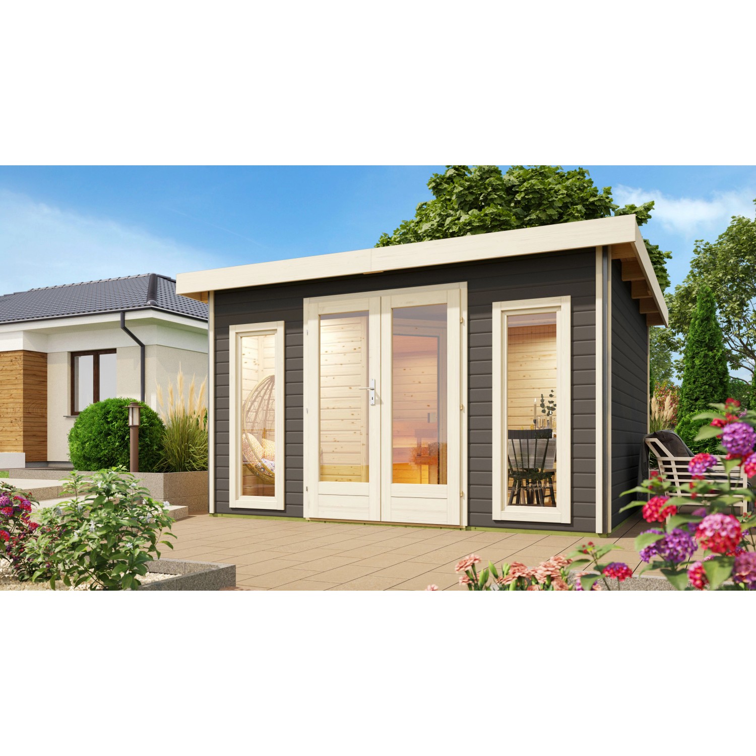 Saunahaus Magnus 2-Set B Terragrau inkl. Ofen 9 kW Bio ext. Strg. von Karibu