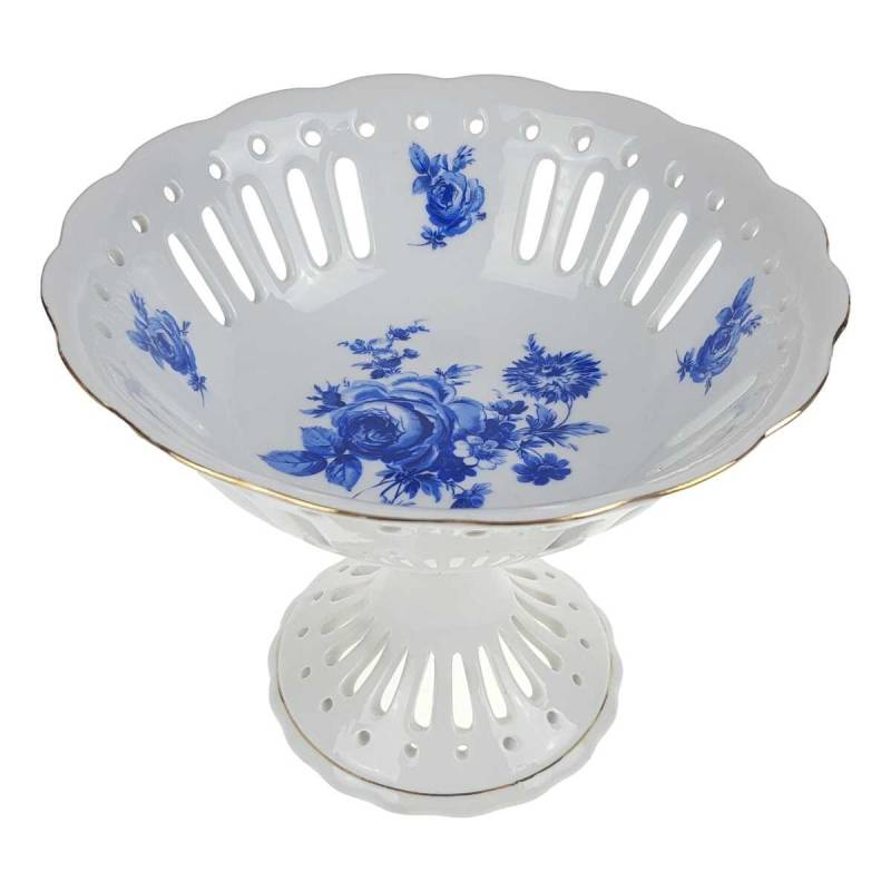 Schale auf Fuß Durchbruchschalen Goldrand Durchbrucharbeit 17 cm blaue Blume gebraucht - gut