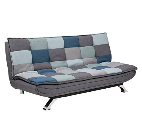 AC Design Furniture Jasper Bettcouch Blau/Grau Patchwork, Schlafsofa mit 3 Liegepositionen, Moderner 3-Sitzer Ohne Armlehne, Gepolstert mit Verchromten Beinen, L: 196 x H: 91 x T: 98 cm von AC Design Furniture