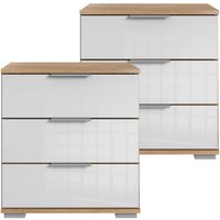 Schlafzimmer 2er Set Nachttisch Nachtschrank, auch für Boxspringbetten, in Plankeneiche Nb. mit weißem Glas ELSTRA-43, B/H/T ca. 52/58/38 cm