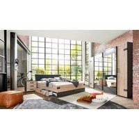 Schlafzimmer Industrial Stil 180 x 200 Bett, Kleiderschrank, 2er Set Nachttisch STOCKHOLM Holz NB/Graphit