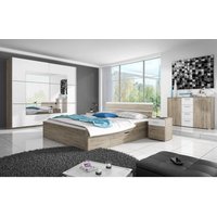 Schlafzimmer Möbelset mit Doppelbett, Schrank, Kommode und 2 Nachttischen in Sanremo Eiche Nb. mit weiß BIRMINGHAM-83 Liegefläche 180x200 cm