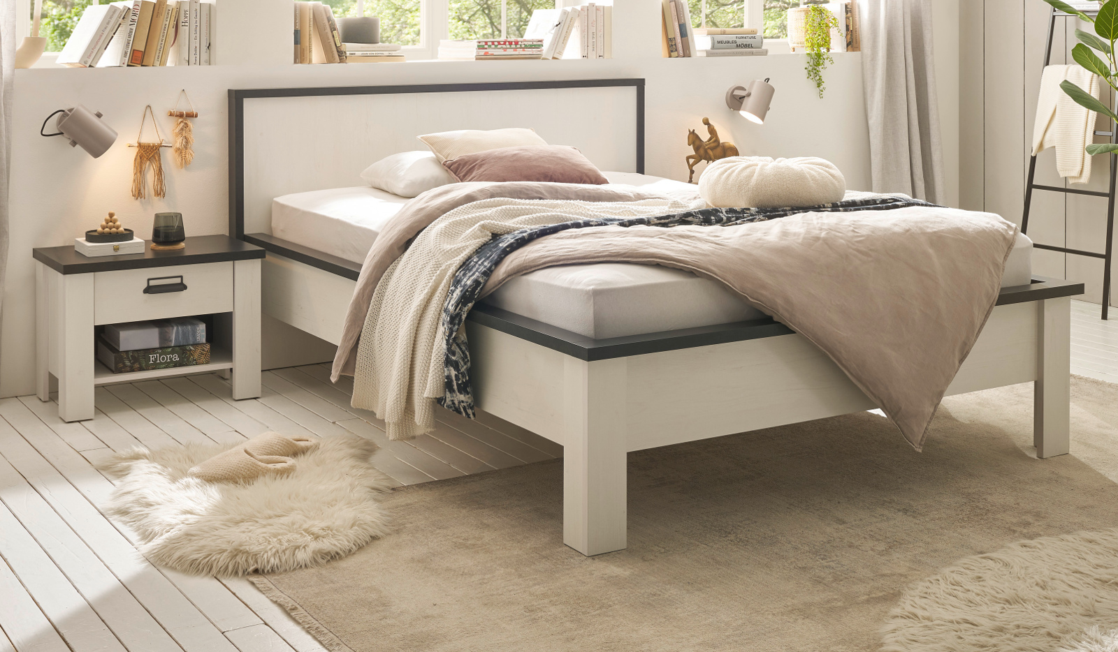 Schlafzimmer Set 3-teilig "Stove" in weiß Pinie Landhaus mit Einzelbett Liegefläche 140 x 200 cm und 2 x Nachttisch