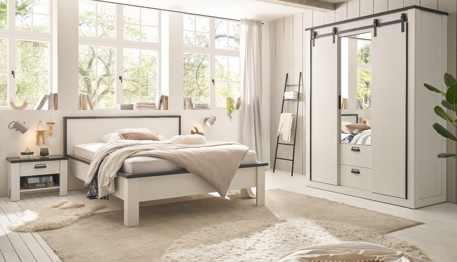 Schlafzimmer Set 4-teilig "Stove" in weiß Pinie Landhaus mit Einzelbett 140 x 200 cm, Kleiderschrank und 2 x Nachttisch