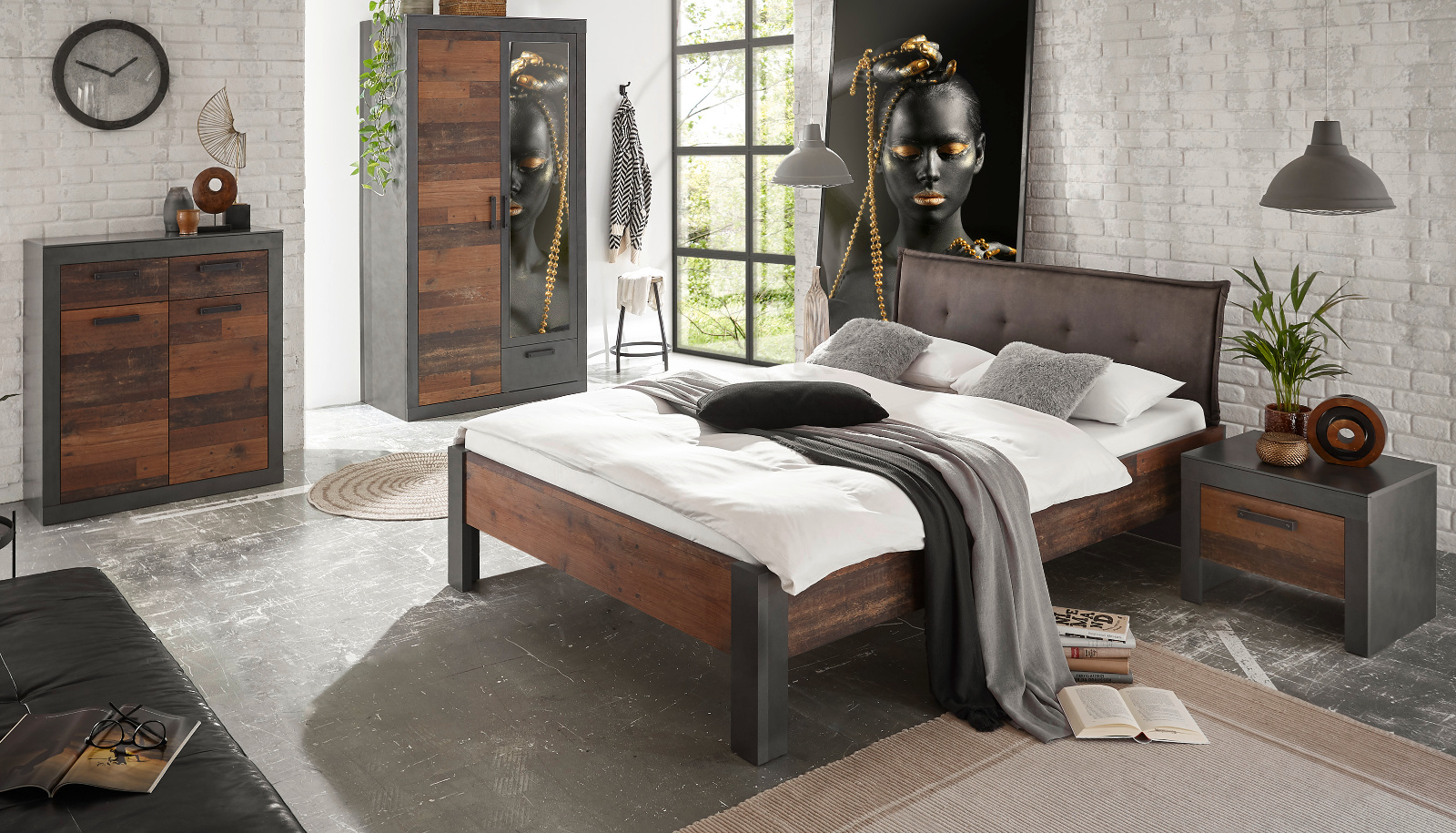 Schlafzimmer komplett "Ward" in Old Used Wood Shabby Design mit Matera grau Komplettzimmer mit Bett, Kleiderschrank, Kommode und Nachttisch