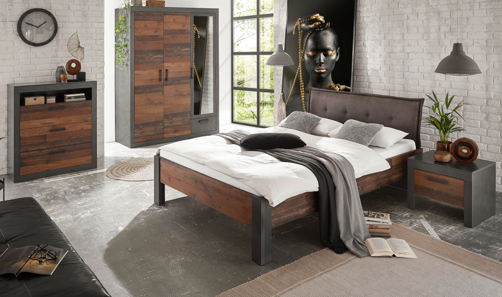 Schlafzimmer komplett "Ward" in Old Used Wood Shabby Design mit Matera grau Komplettzimmer mit Bett, Kleiderschrank, Kommode und Nachttisch
